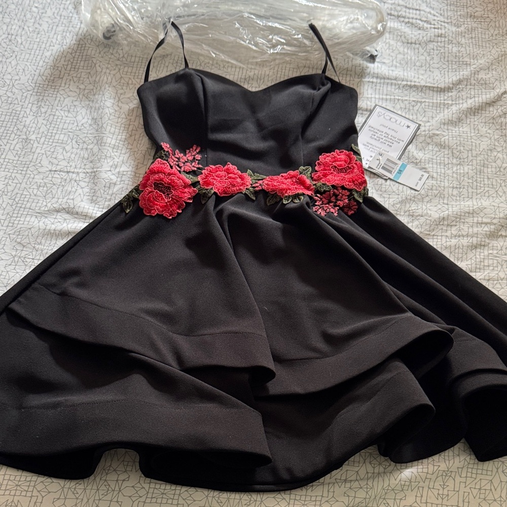 B Darlin Black Dress with Red Floral Accents